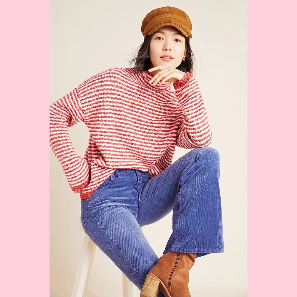 Anthropologie Red/White Striped Linnea Mock Neck Sweater Like New XS